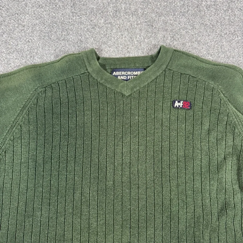 Abercrombie Fitch Sweater Mens Large Green V Neck Ribbed Y2K Classic Long Sleeve